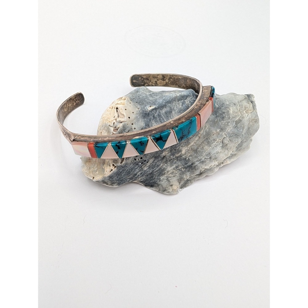Zuni Signed "M Smith" Sterling Silver Turquoise Mother of Pearl Coral Cuff